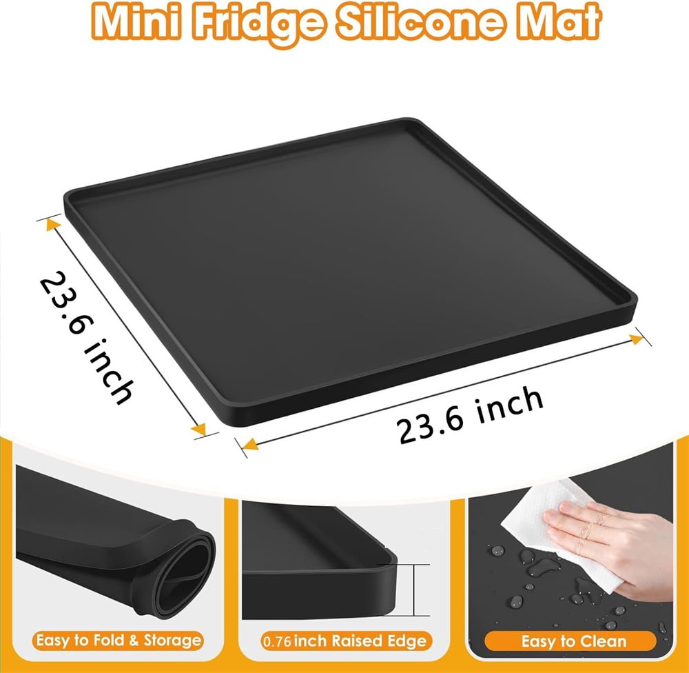 Tutuviw Mini Fridge Silicone Mat with Raised Edge 23.6''x23.6" Under Refrigerator Floor Protector Mat Prevent Water Leakage and Floor Damage from Elecrical Equipment Drip Pan Tray Protect(Black)