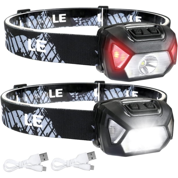 Linterna frontal recargable LE, paquete de 2, linterna frontal LED impermeable de 2000 l con luces de advertencia rojas, 6 modos de iluminación, larga duración, linterna frontal liviana