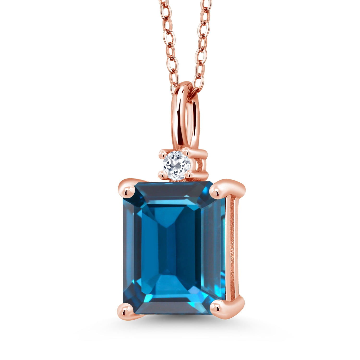 Gem Stone King 18K Rose Gold Plated Silver London Blue Topaz and White Topaz Pendant Necklace for Women (4.04 Cttw, Gemstone November Birthstone, Emerald Cut 10X8MM with 18 inch Silver Chain)