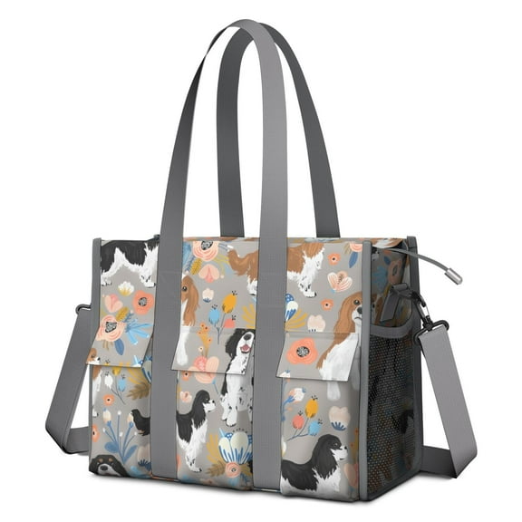 Teacher Tote Bag,Cavalier King Charles Spaniel Dog and Flower Teacher Utility Tote Bag,Large Work Tote Bags for Women with Multiple Pockets,Top Zipper Closure,13.8x10.6x6.7 Inch
