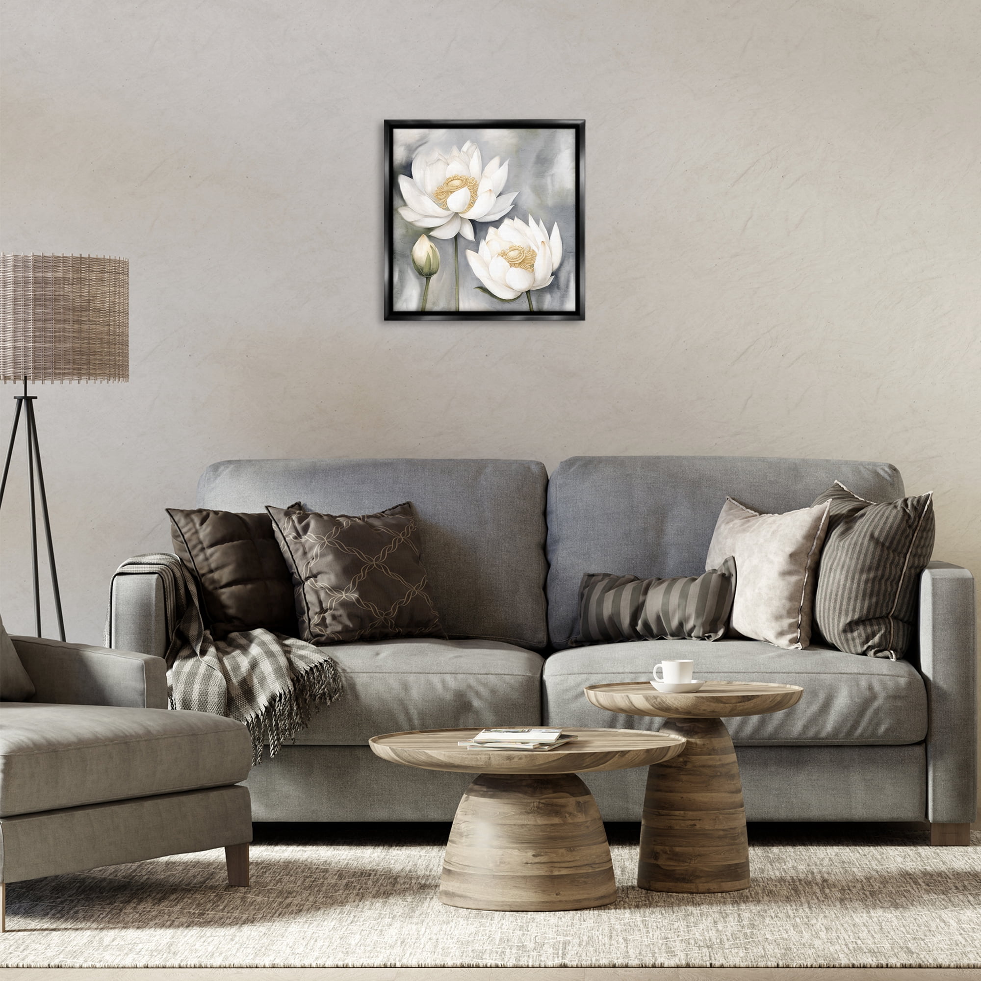 Stupell Industries White Lotuses on Grey Plants & Flowers Painting Black Floater Framed Canvas Art Print Wall Art, 18 x 18
