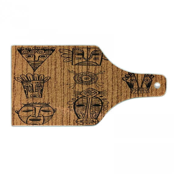 African Cutting Board, Ceremonial Native Illustration Cultural Art Print, Decorative Tempered Glass Cutting and Serving Board, Wine Bottle Shape, Black Brown, by Ambesonne