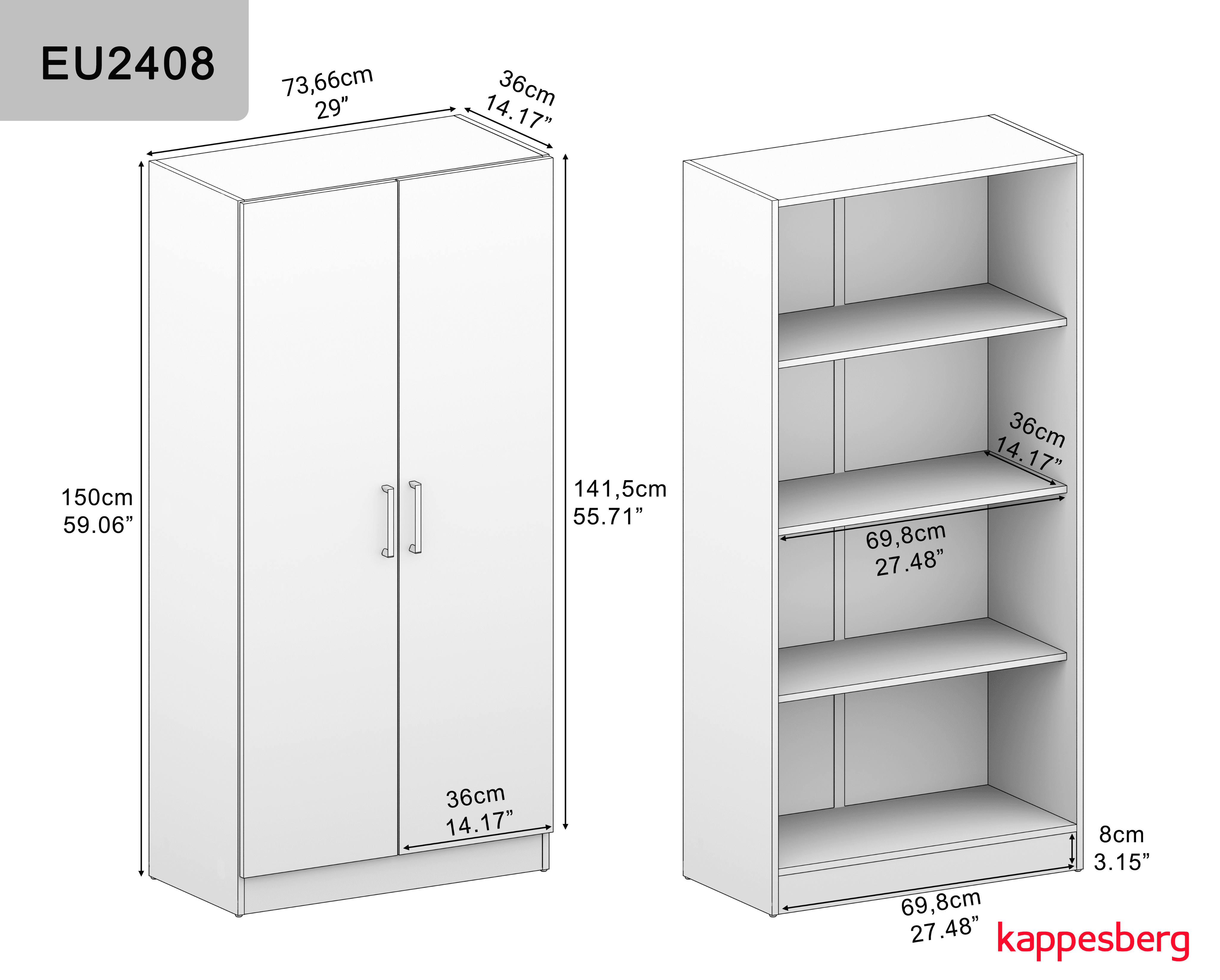Kappesberg Liam 2-Piece White 2-Door Pantry Cabinet Set with Shelves for Kitchen or Laundry