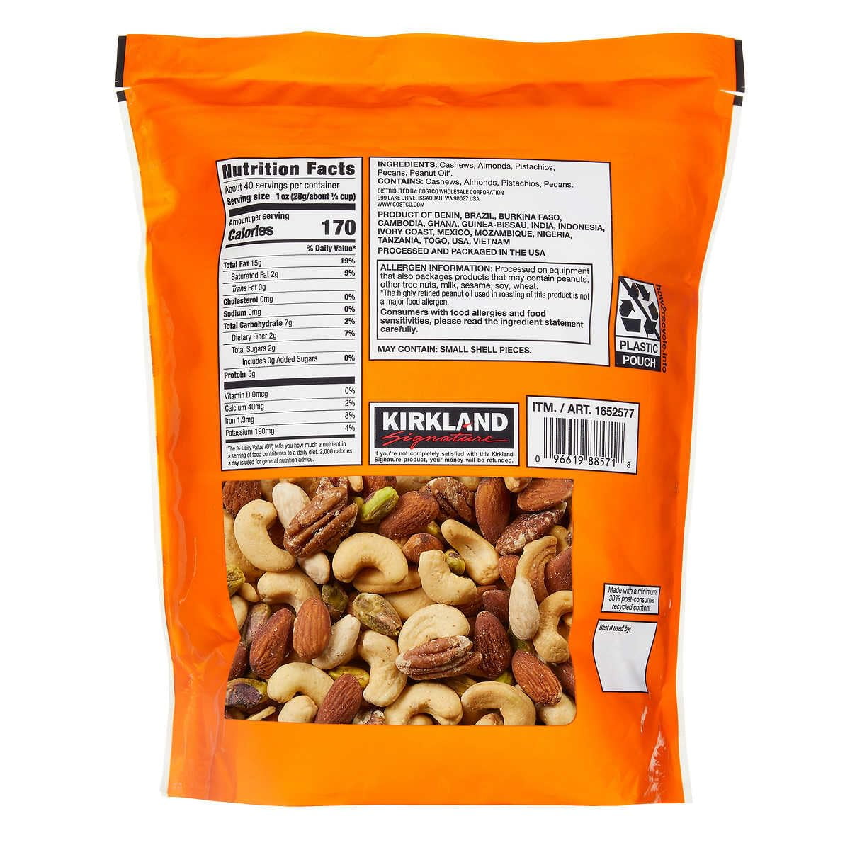 Kirkland Signature Extra Fancy Mixed Nuts Unsalted and Shelled 40 oz (Pack of 4), 1 Pack of Roasted Virginia Peanut Also Included by