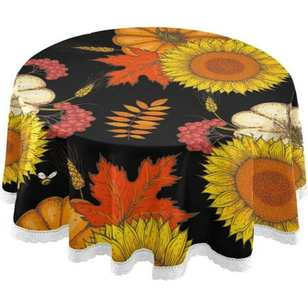 SKYSONIC Sunflower Pumpkin Round Tablecloth,Washable Oil Proof Table Cover for Kitchen Holiday Party Wedding Picnic Decoration
