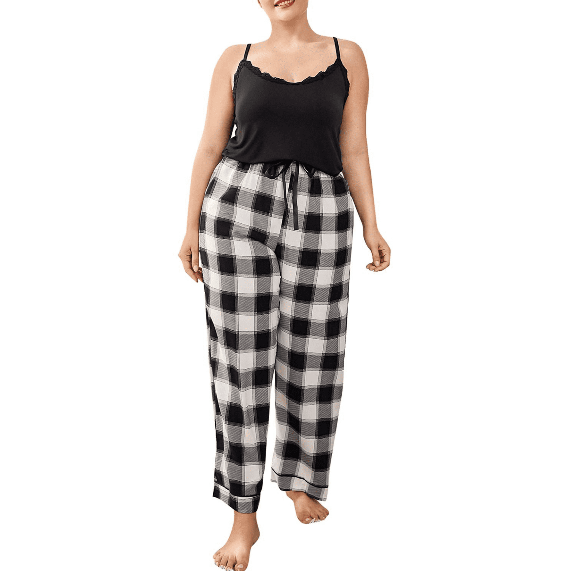 ebukurty Women's Plus Size Pajama Sets Lace Tank Top and Plaid Pants