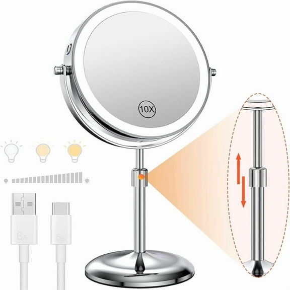 7-Inch Rechargeable Telescopic Makeup Mirror - Double-Sided 1x/10x Magnification, 3 Color Modes, Adjustable Brightness & Height, 360° Rotation