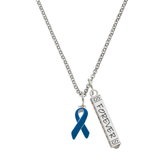 Delight Jewelry Silvertone Blue Ribbon Silvertone Forever Bar Charm Necklace, 23"