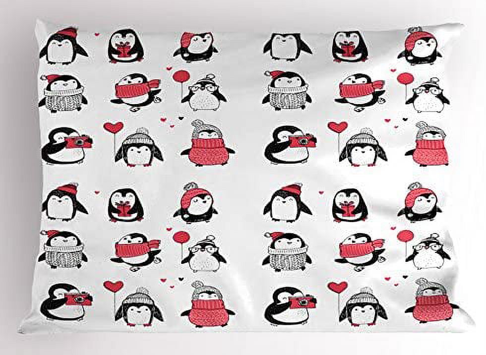 Winter Pillow Sham, Penguins Hand Drawn Merry Christmas Greetings