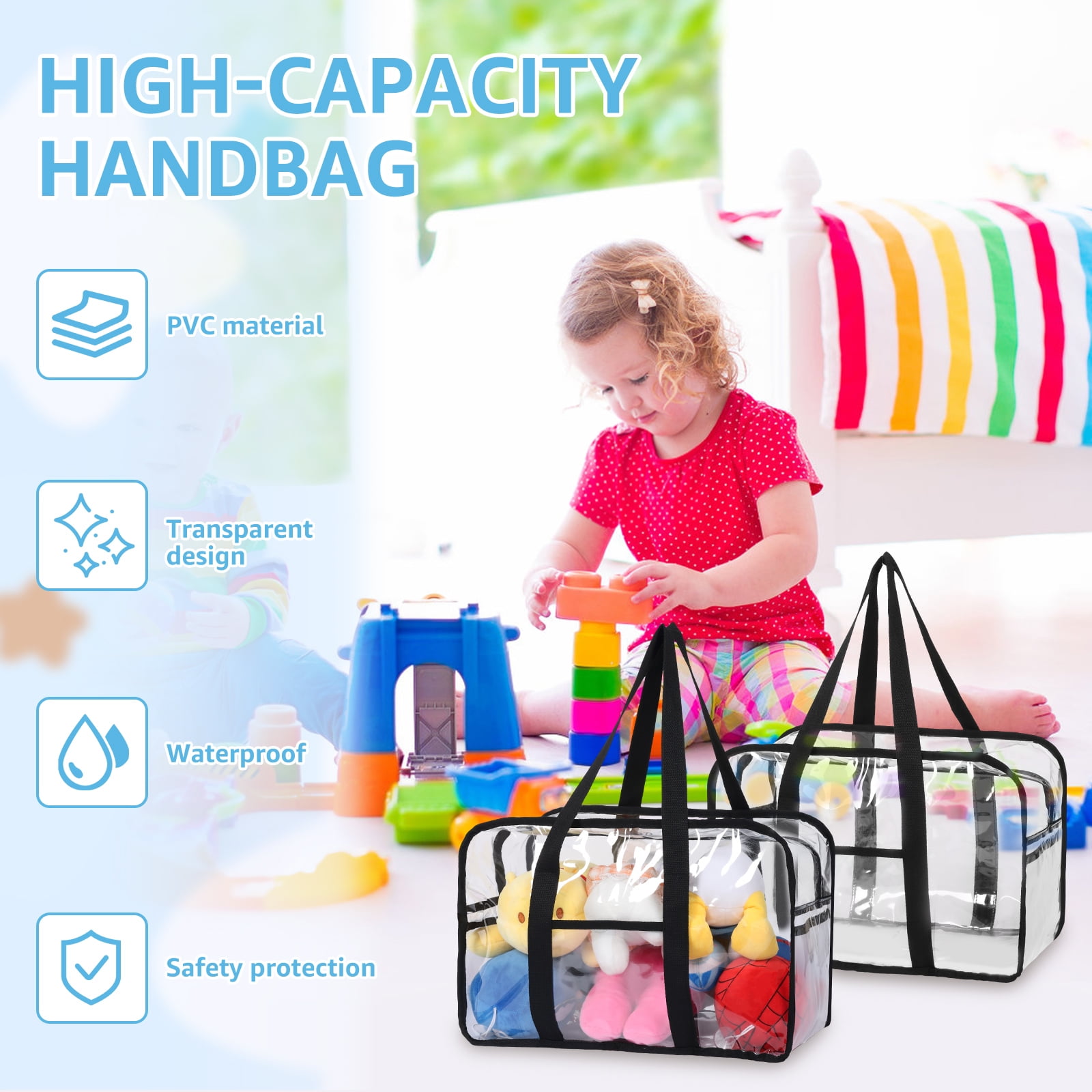 FKSZLL 2Pcs Toy Storage Bags PVC Clear Organizer Bags with Zipper and Handles for Building Block Puzzle Book Board Game Portable Cosmetic Bag for Home and Traveling