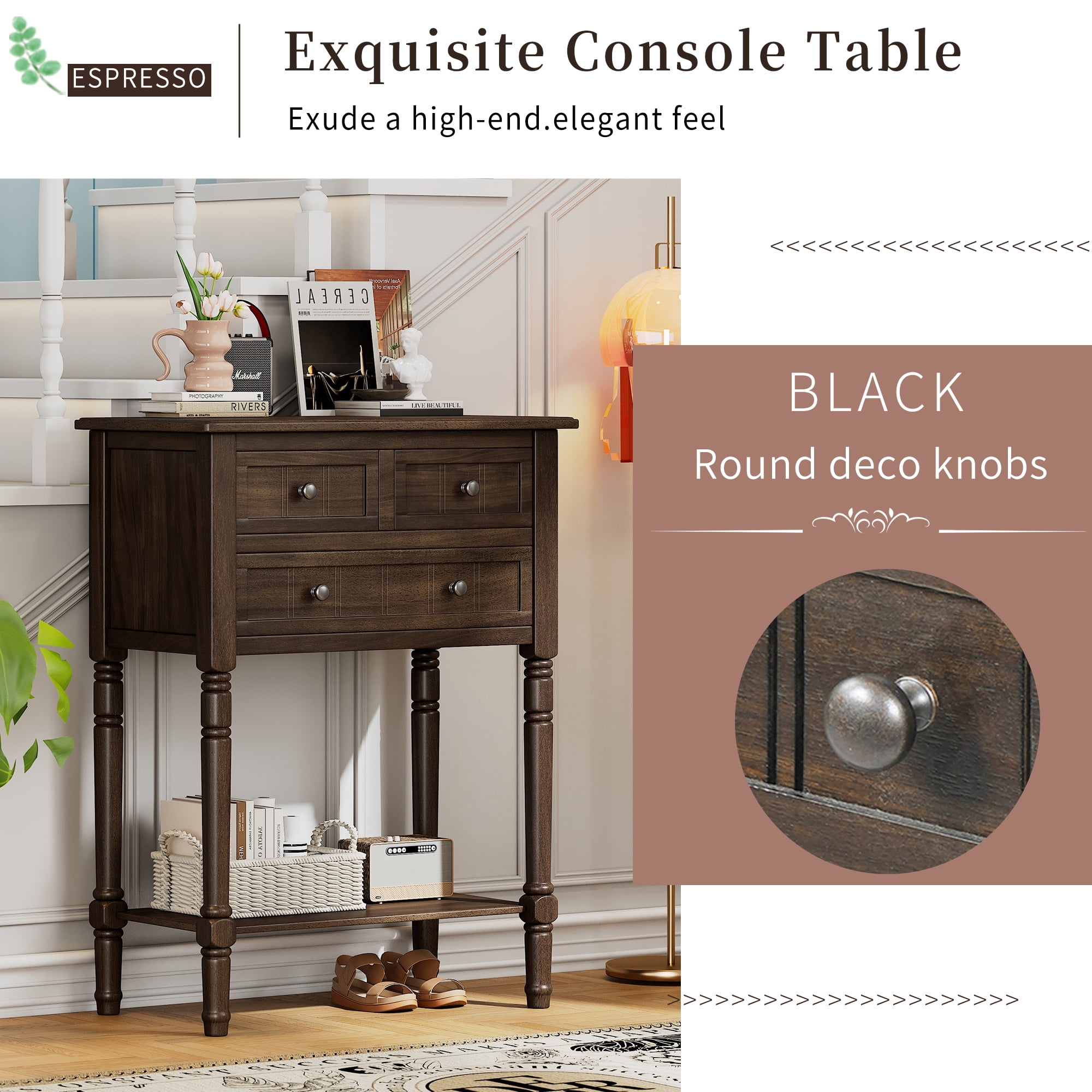 Euroco 23.7" Farmhouse Console Table with 3 Drawers, Narrow Sofa Table, Wood Entryway Table with Bottom Shelf for Living Room, Foyer,Brown