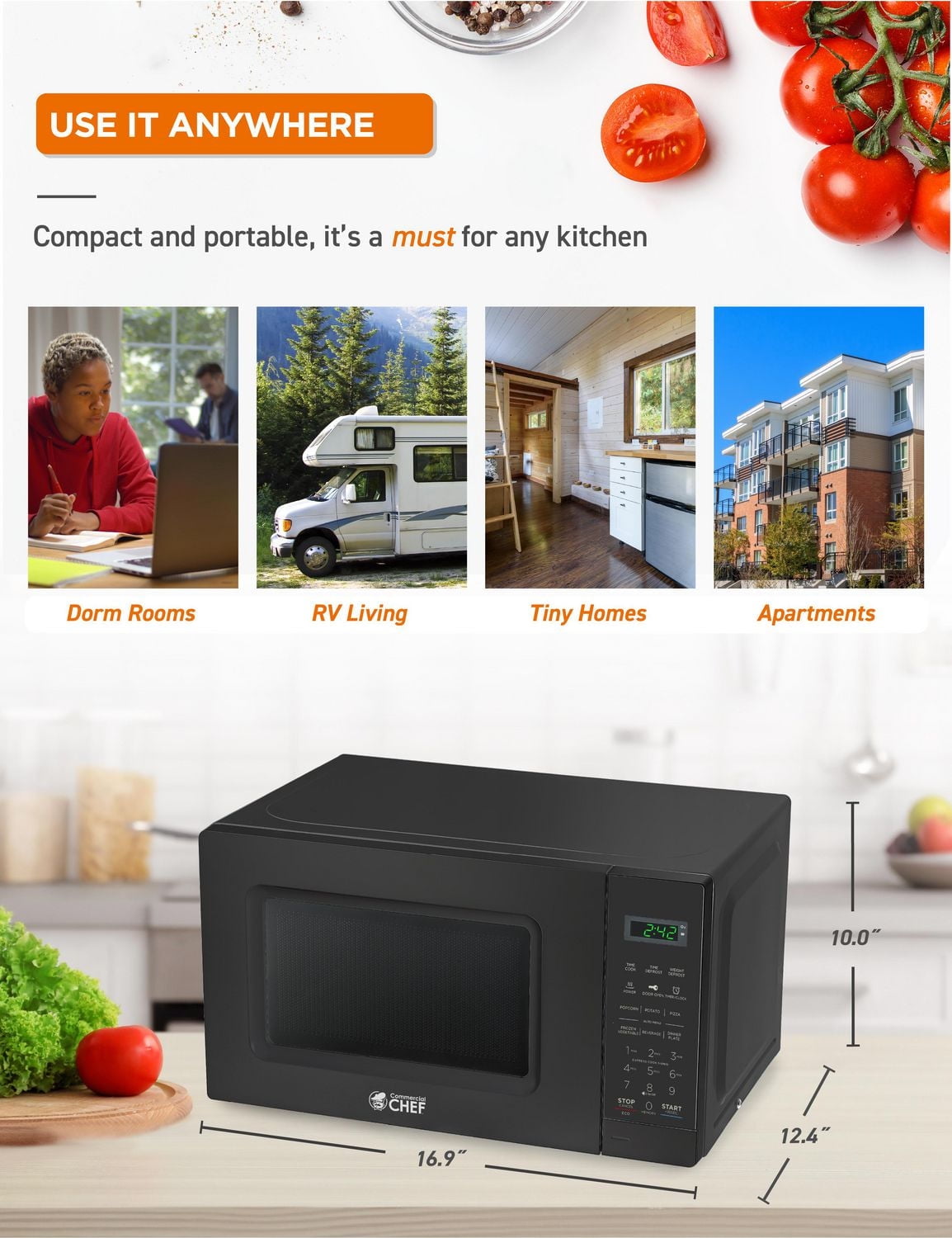 Commercial Chef 0.7 Cu Ft Microwave with 10 Power Levels, 700W Microwave with Digital Display, Countertop Microwave