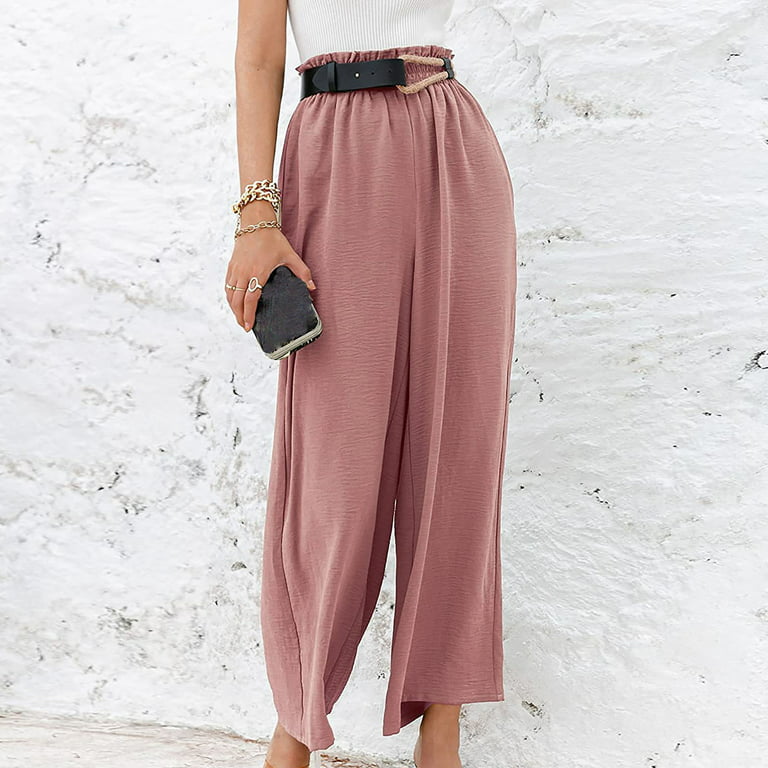 Women's Wide Leg Palazzo Pants, Fashion Ruffle Elastic High Waisted Solid  Color Plus Size Cropped Flowy Light Trousers