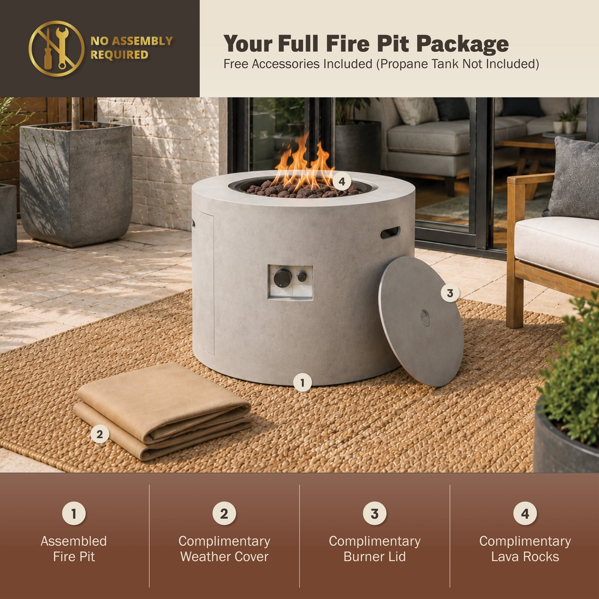 Kinger Home Loren 32-Inch Round Propane Fire Pit Table, Alloy Steel Outdoor Fire Pit with 50,000 BTUs, CSA Certified, Includes Lava Rocks and Weatherproof Cover