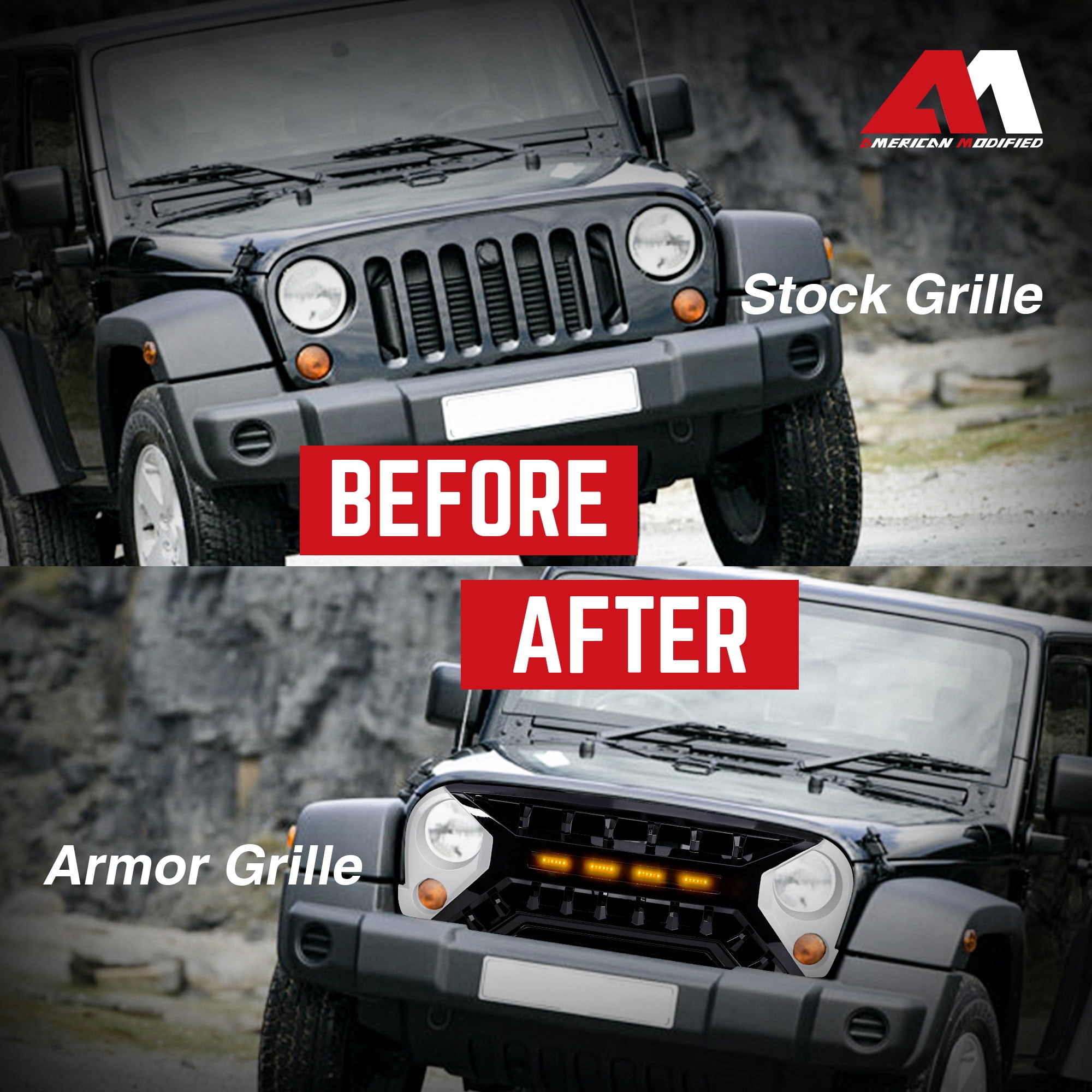 AMERICAN MODIFIED Grille 07-18 Jeep Wrangler JK w/ Amber LED, White/Black