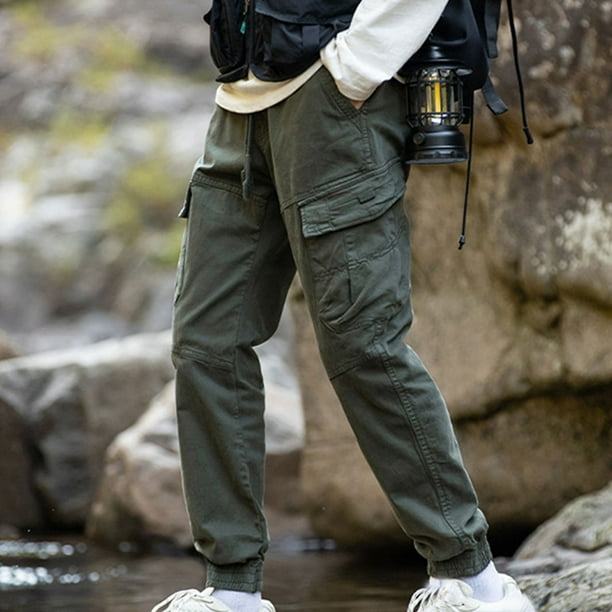 Pantalones largos de moda para hombre, casuales, de color sólido, con bolsillos cargo y cintura elástica, de poliéster.