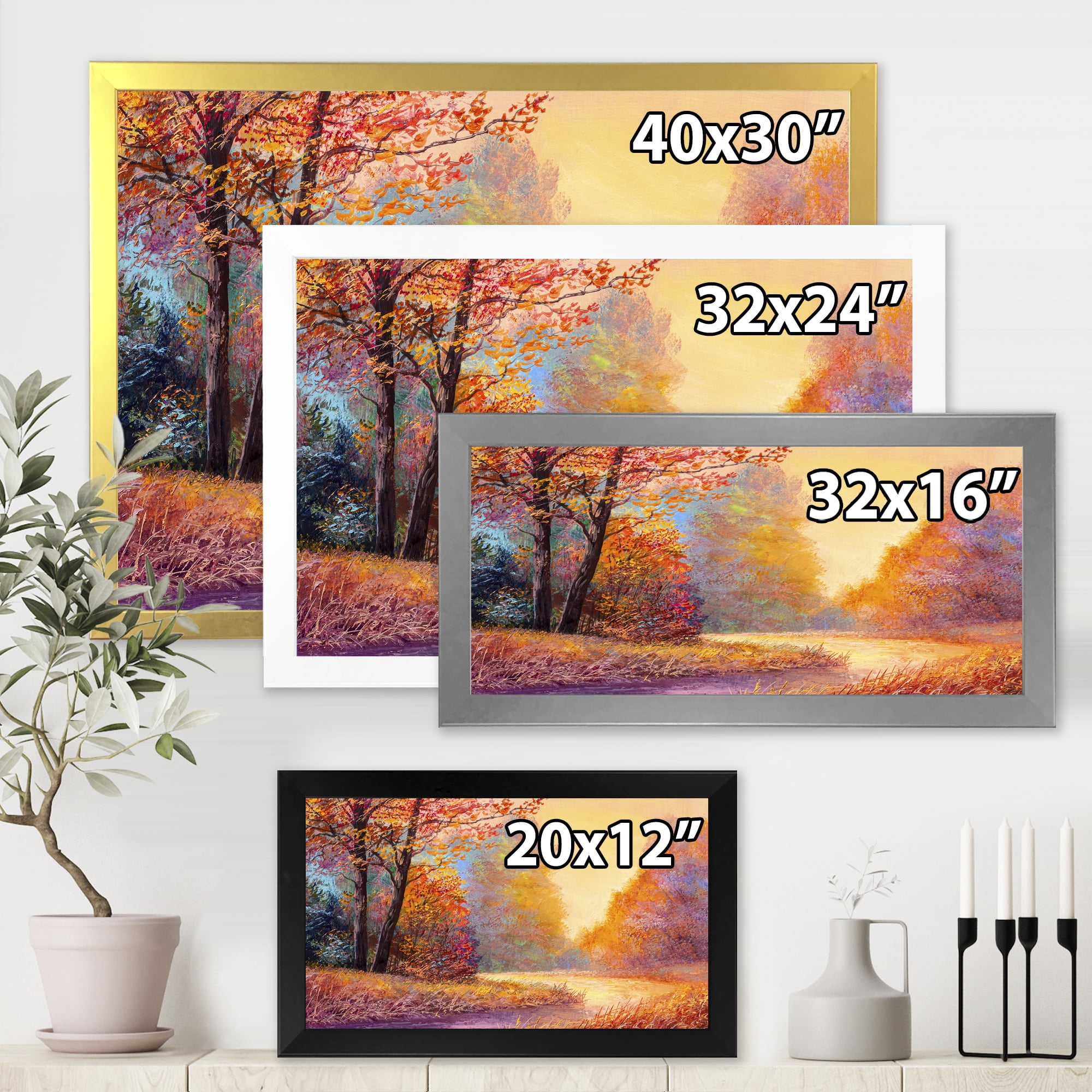 Designart 'The Autumn Forest Orange Leaves Landscape With Path' Lake House Framed Art Print