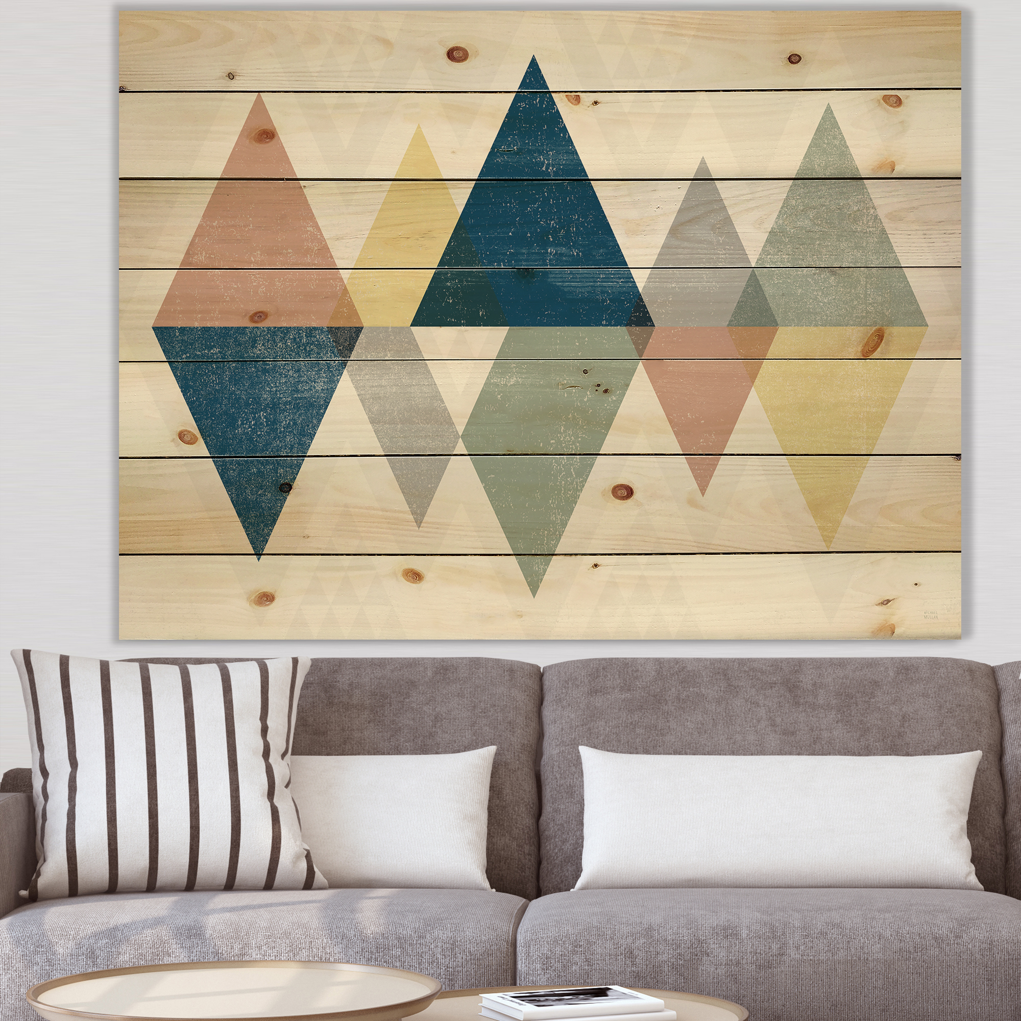 Designart 'Composition Geometrical Triangles III' Modern & Transitional Print on Natural Pine Wood