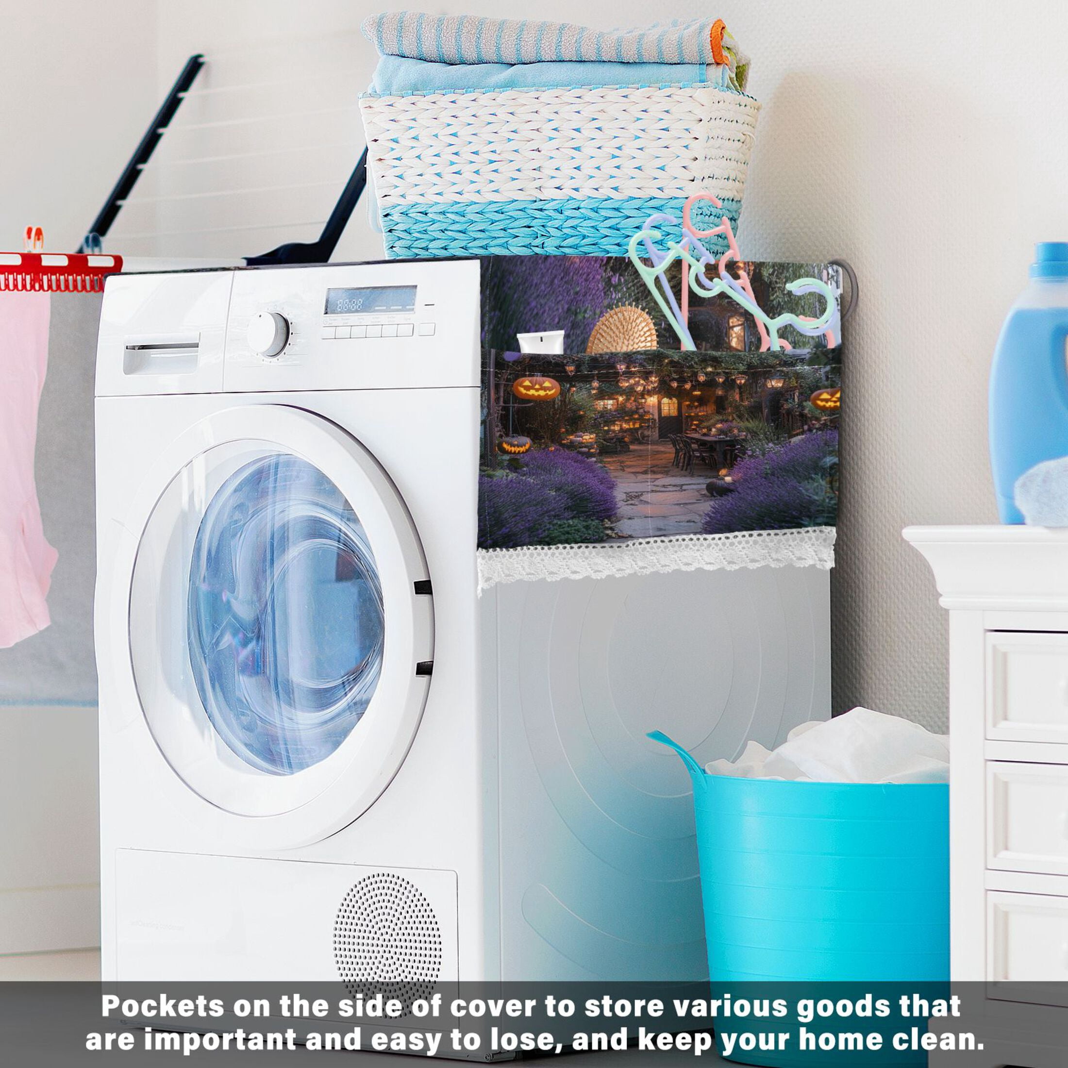 Halloween-inspired GardenWasher and Dryer Covers Dust-Proof and Oil Resistant Fridge Cover with 4 Storage Pockets Washing Machine Top Cover for Laundry Kitchen Home 51.2 x 22 In