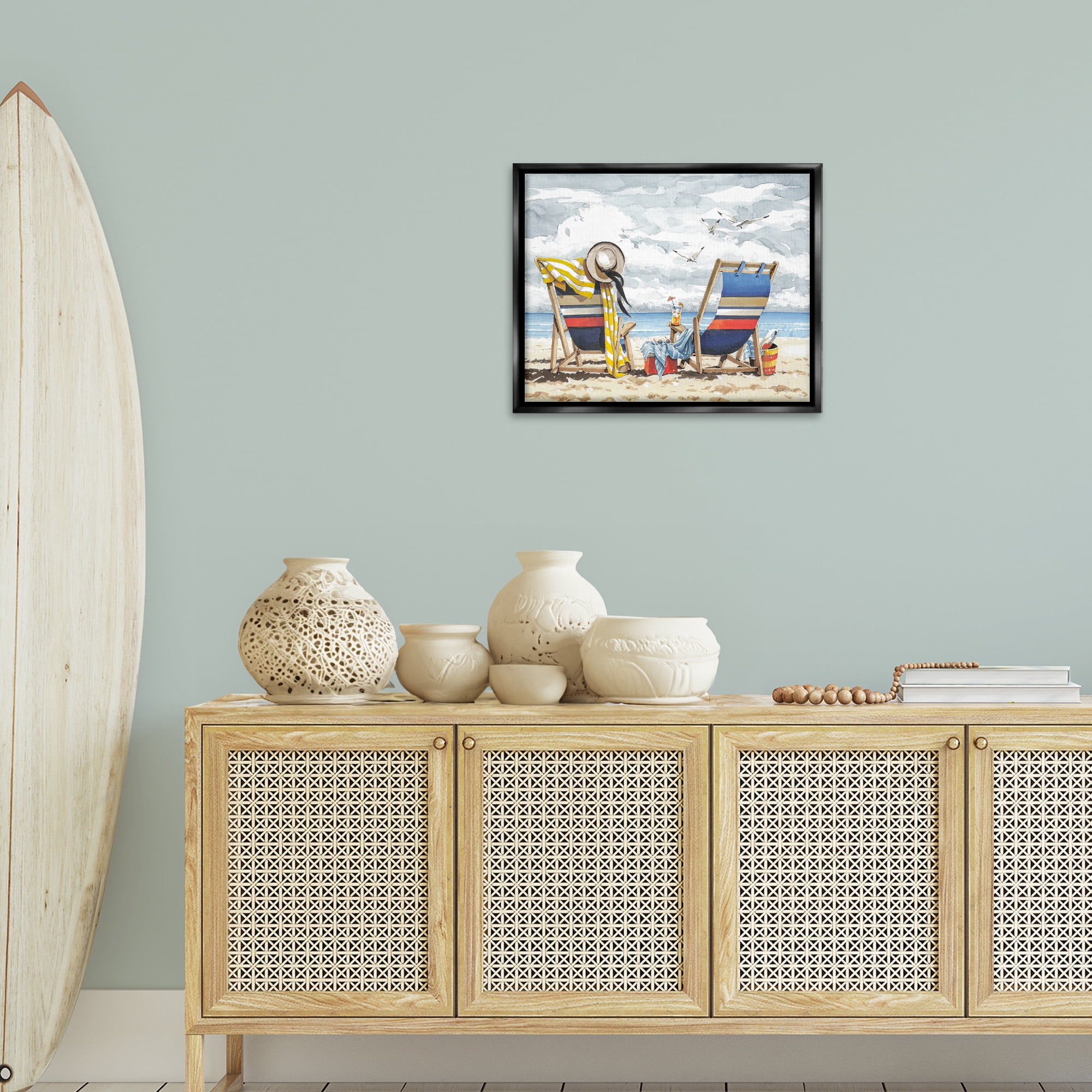 Stupell Industries Peaceful Beach Chairs Hangout Landscape & Nature Painting Black Floater Framed Canvas Art Print Wall Art, 21 x 17
