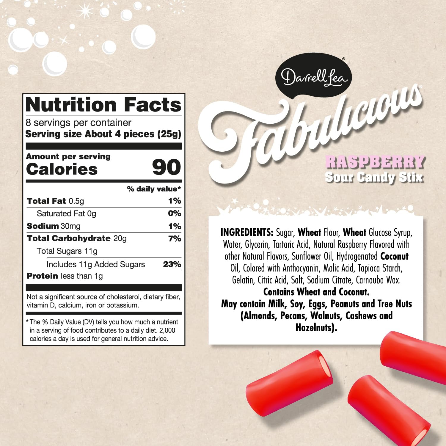 Darrell Lea Fabulicious Raspberry Sour Candy Stix, 7 Ounce (Pack of 8) | Soft and Tangy, No Artificial Flavors, Palm Oil Free, Made in Australia, Shareable