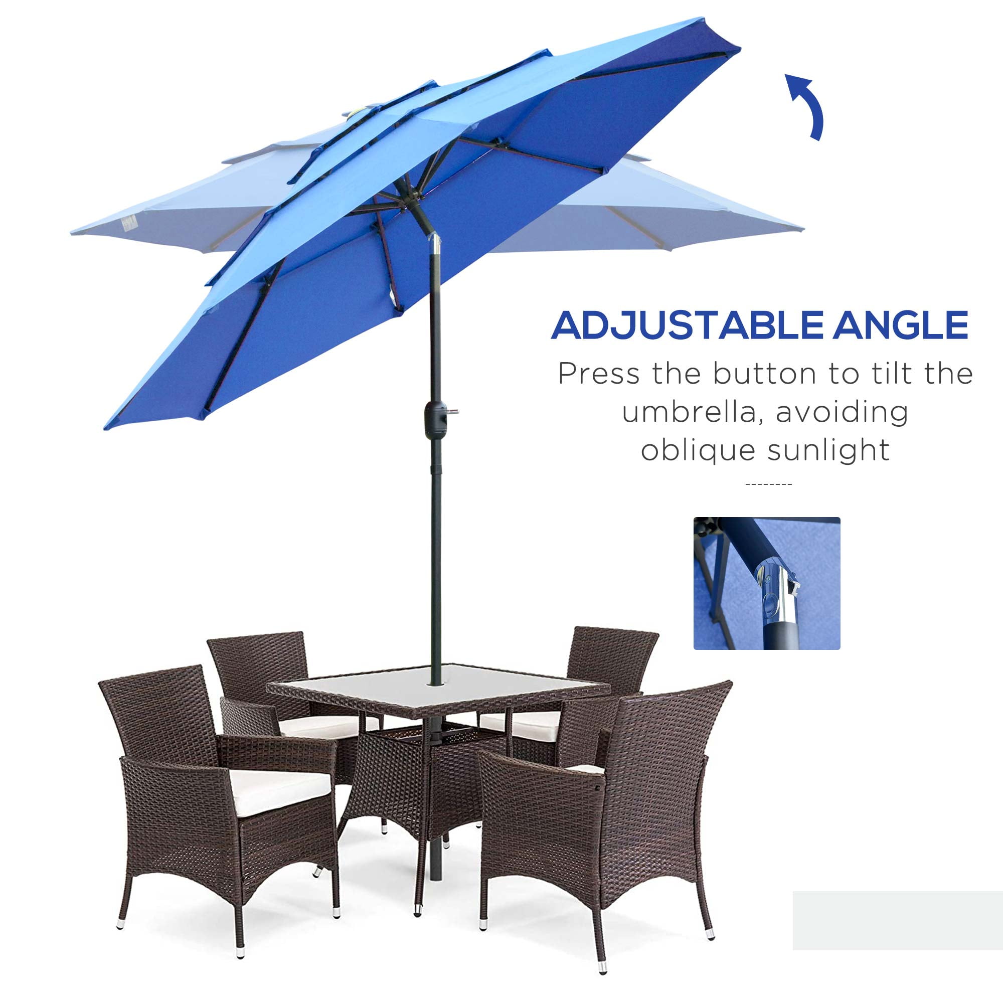 Outsunny 7.70 Feet Blue Solid Print Market Patio Umbrella, 3-Tier Top with Vents