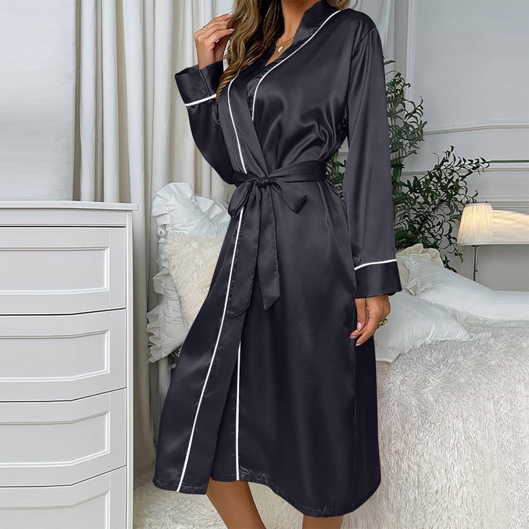 Successthop Silk Robes for Women Long Lightweight Oversized Sleepwear Spa Belted Housecoat Solid Ladies Nightgown Black, Women's, Size: Large