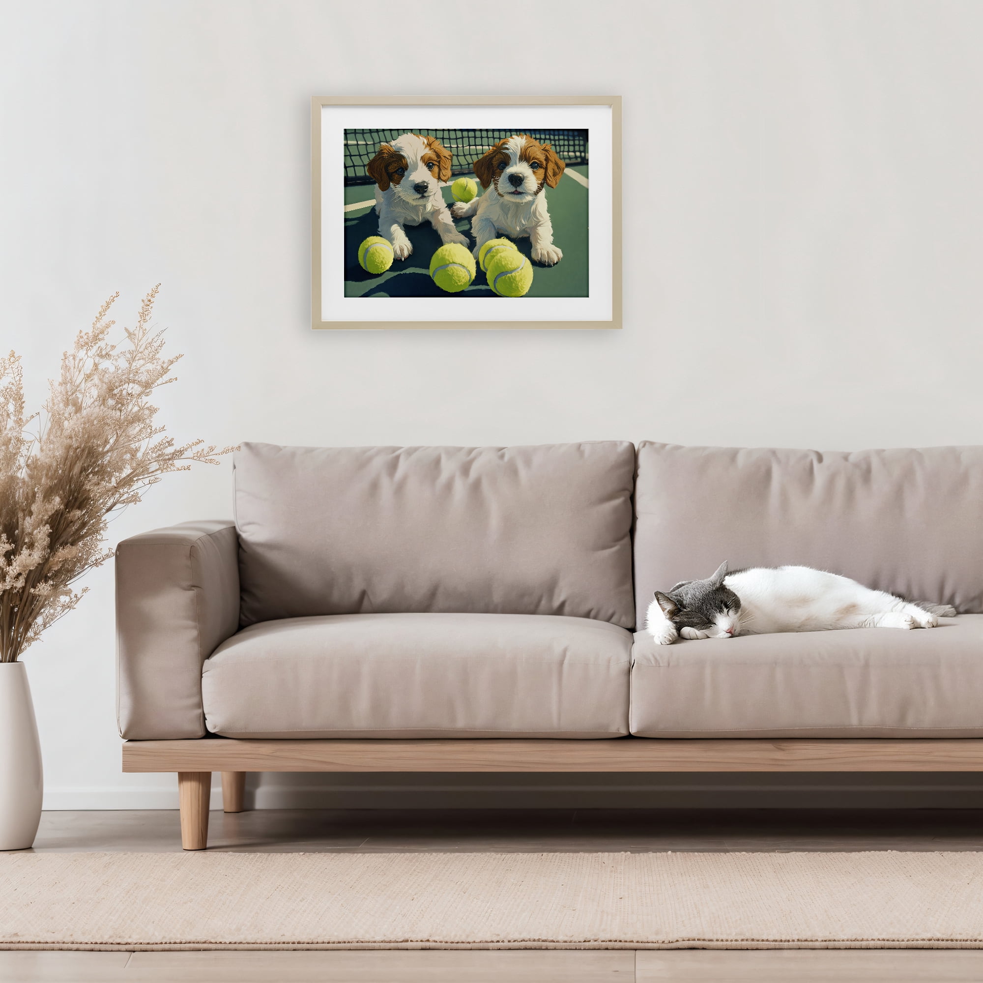 Stupell Industries Playful Puppies with Tennis Balls Birch Framed Print Under Glass, design by Imagine It Images