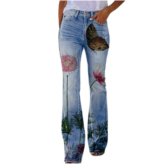 Owordtank Floral Print Flare Pants Plus Size with Pockets Bell Bottom Mid Waist Casual Pants Blue M