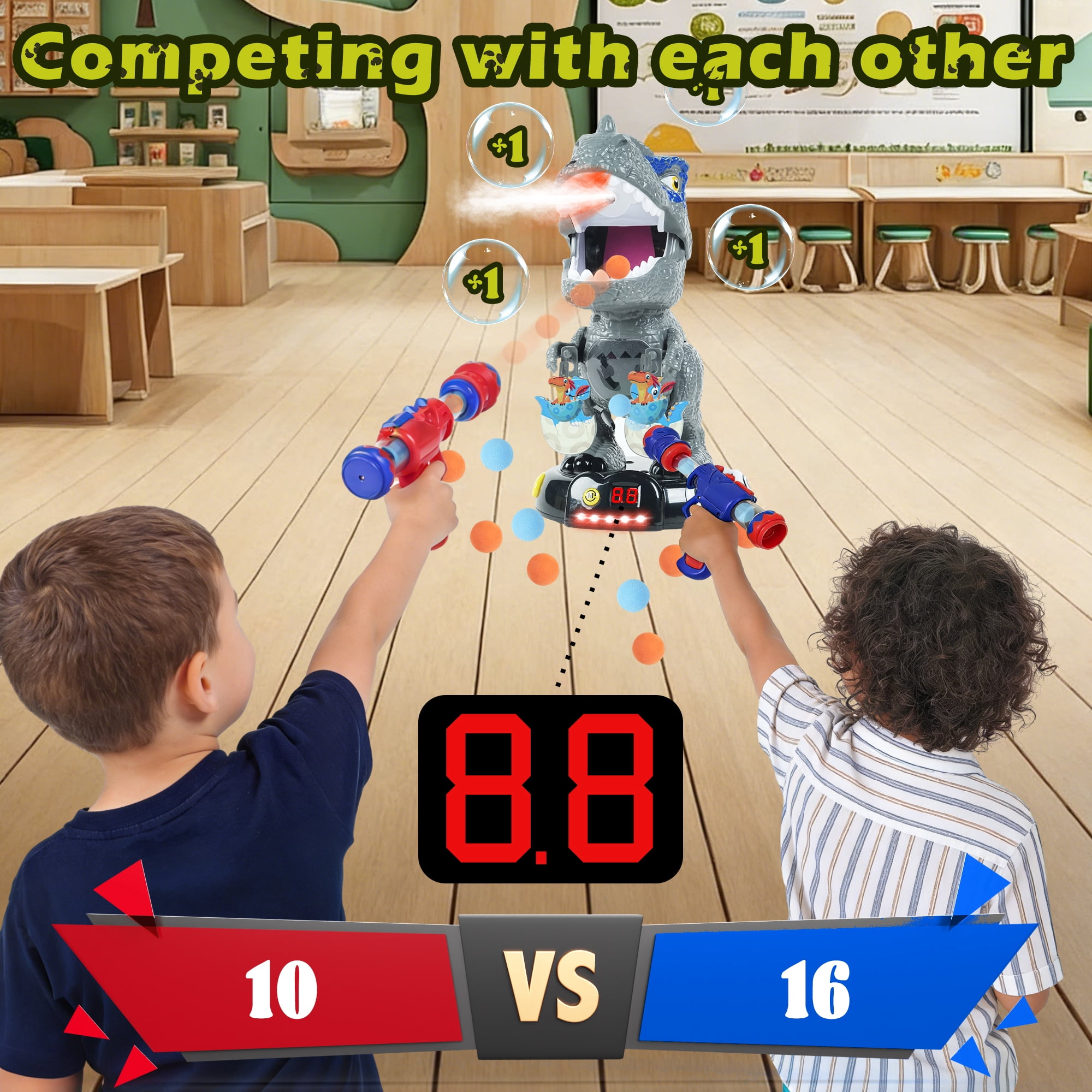 JUGAAD LIFE Dinosaur Shooting Toys for Kids, Movable Target Shooting Games with 2 Air Pump Blasters, 48 Foam Balls and LED Score, Birthday Gifts for 3 4 5 6 7 Years Old Boys - Gray