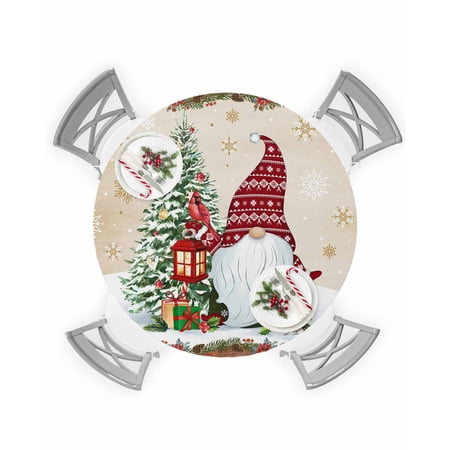 Fitted Round Tablecloths Table Covers 55-60in,Christmas Gnome with Red Hat Xmas Tree Waterproof Elastic Edged Table Cloth for Kitchen Dining Holiday Party Tables Decor,Vintage Wood Grain