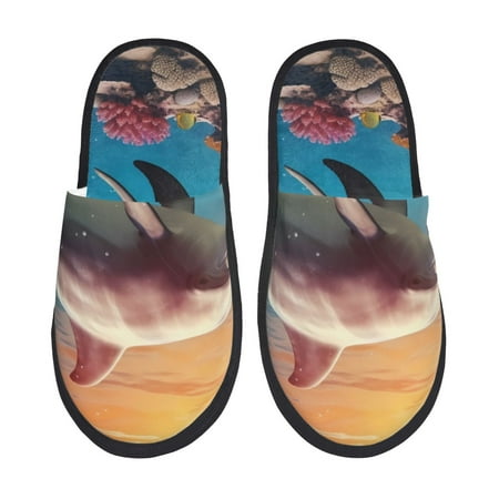 Balery Underwater Plant Dolphin Slient Indoor Furry Fleece Comfort House Shoes Soft Non-Slip Home Shoes Cotton slippers House Slippers-- Large