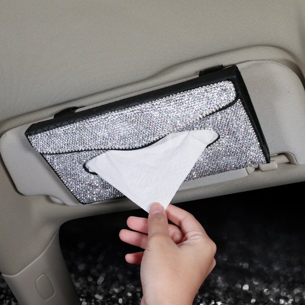 Soporte para pañuelos de coche, accesorios bonitos ostentosos para coche para mujer, parasol de cuero brillante, servilleta, cosas colgantes con diamantes de cristal, negro ShuxiuWang 8390613408990