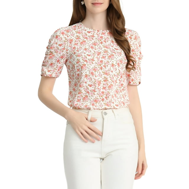INSPIRE CHIC Hauts Froncés pour Femmes Col Rond Manches Courtes Dos Goutte d'Eau Blouse Florale S Blanc Rose