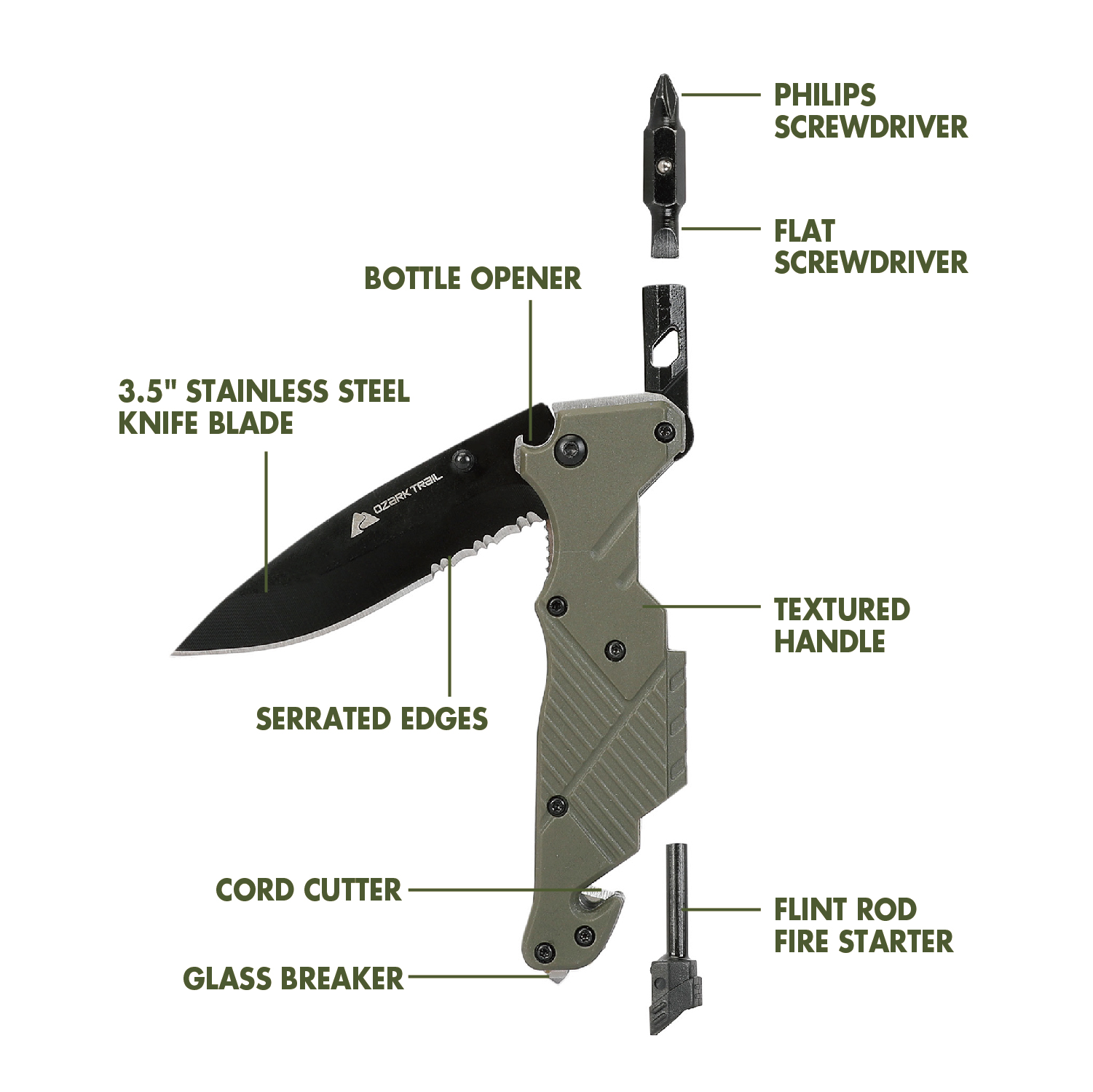 Cuchillo multifunción de acero inoxidable Ozark Trail de 7 en 1 con destornillador 8