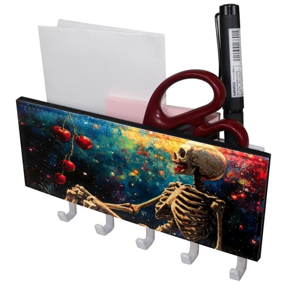 PhooArto Key Holder for Wall Decorative with 5 Key Hooks, Skeleton Cherries Color Galaxy Holders Wall Mount Organizer with Mail Key Rack, Self Adhesive