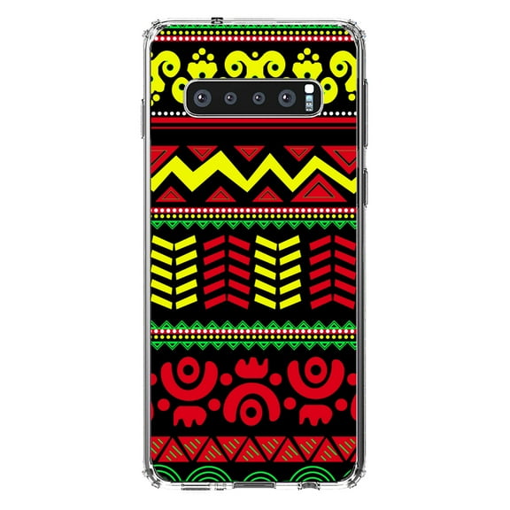 DistinctInk Clear Shockproof Hybrid Case for Samsung Galaxy S10 (6.1" Screen) - TPU Bumper, Acrylic Back, Tempered Glass Screen Protector - Black Yellow Red Aztec Tribal