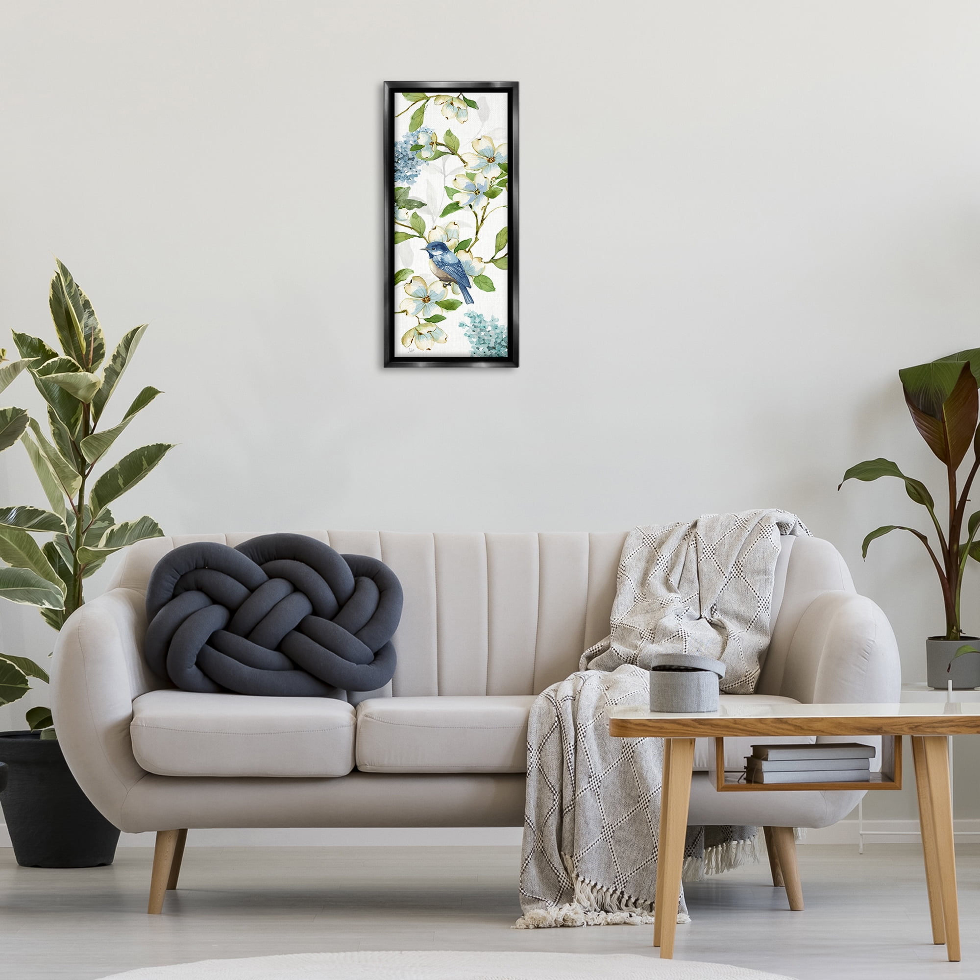 Stupell Industries Dogwood Flowers & Bird Plants & Flowers Painting Black Floater Framed Canvas Art Print Wall Art, 11 x 25
