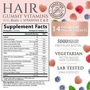 Hair Vitamins Gummies - Sugar Free Hair Growth Support Gummy with Biotin 5000 mcg Per Serving, Vitamin A, B12, C, D, E, Folic Acid - Supports Strong Beautiful Hair and Nails, Vegetarian - 60 Gummies