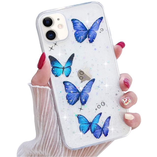 for iPhone 7 Plus iPhone 8 Plus Glitter Case Cute Butterfly Pattern Design Shiny Sparkly Bling Case For Girls Crystal Clear Soft TPU Bumper Protective Case Cover for iPhone 7 Plus/8 Plus, Blue