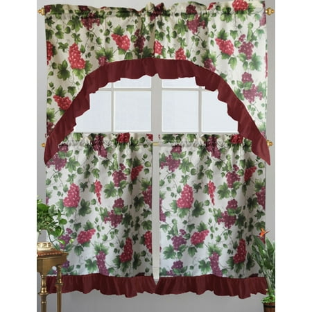 Ardent Designs Vines - Kashi Home Paula Kitchen Curtain Swag Set, Grape & Vine Printed Design