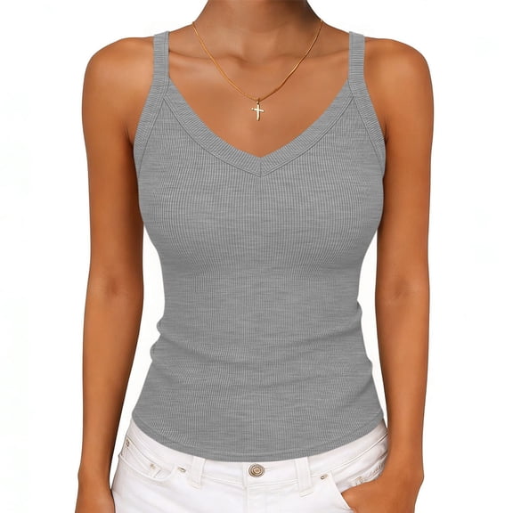 gbyLJF Tank Tops for Women Solid Color V Neck Casual Summer T-shirts Ribbed Knit Sleeveless Shirts Gray,XXL