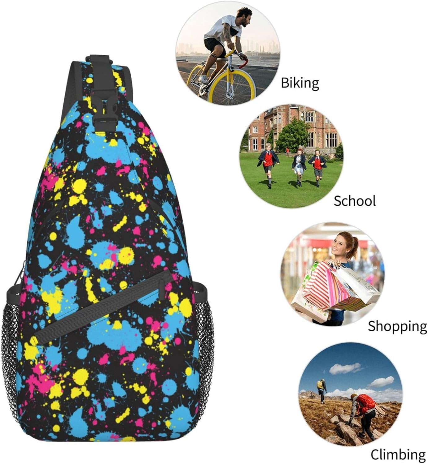Glow in Dark Neon Splatter Sling Bag Crossbody Hiking Travel Chest Bags Backpack Shoulder Daypack for Women Men