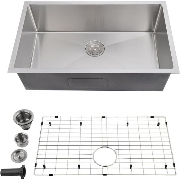 Évier de Cuisine Encastré, Grand Bol Simple en Acier Inoxydable avec Fini Nickel Brossé et Accessoires
