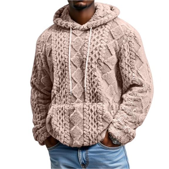 CharmCyan Men’s Hooded Pullover Sweater with Textured Cable Knit Pattern Drawstring Hood Kangaroo Pocket Long Sleeves Casual Fit Beige L