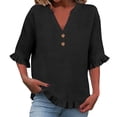 thumbnail image 3 of RMGVDSD Womens Summer Tops 3/4 Sleeve V Neck Button Down Shirts Ruffled Hem Solid Color Casual Basic Shirt Everyday Comfort Tees Business Shirts, 3 of 7