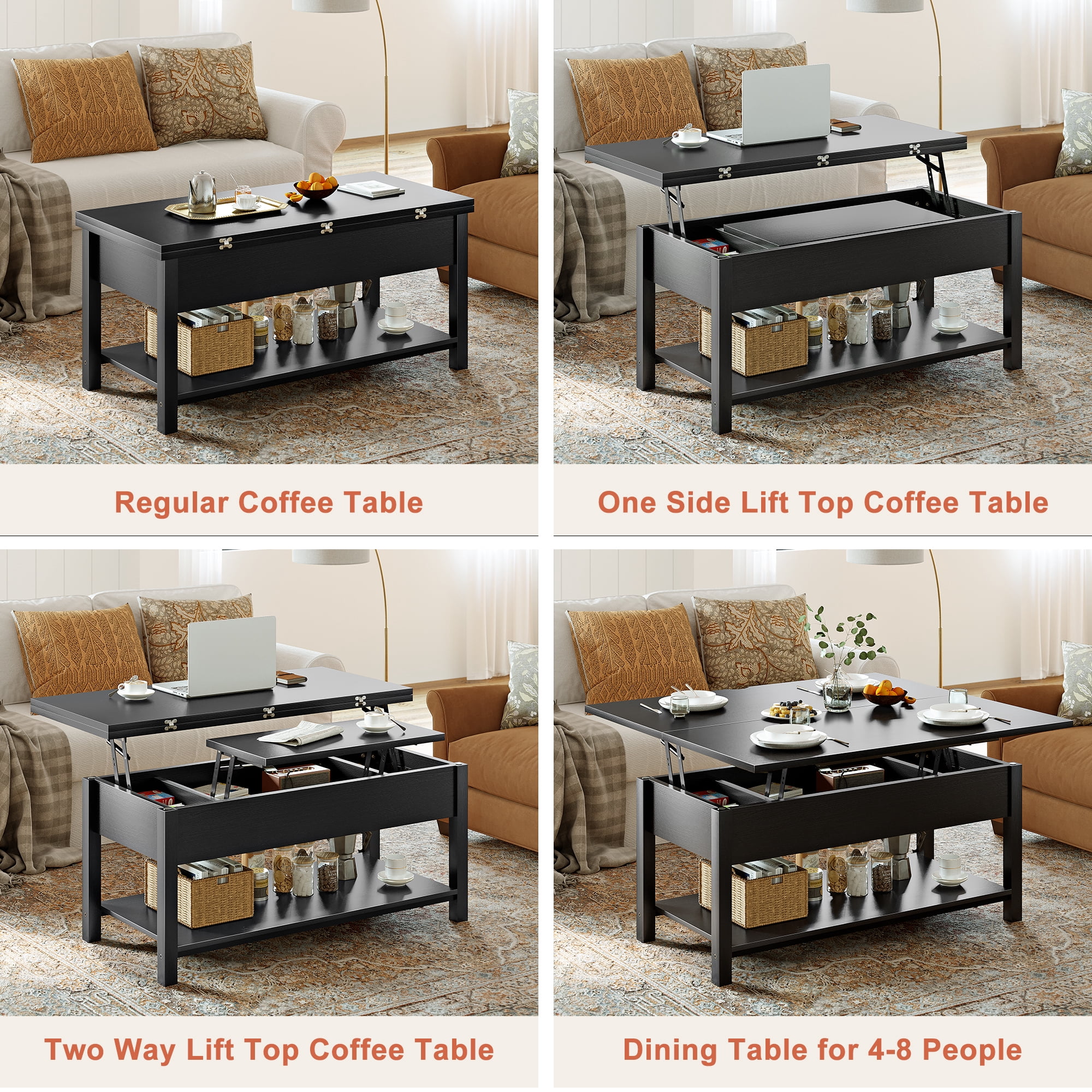 GUNAITO 40.9"Lift Top Coffee Table,4 in 1 Multi-Function Convertible Coffee Table with Hidden Storage Modern Framhouse Coffee Table for Living Room Black