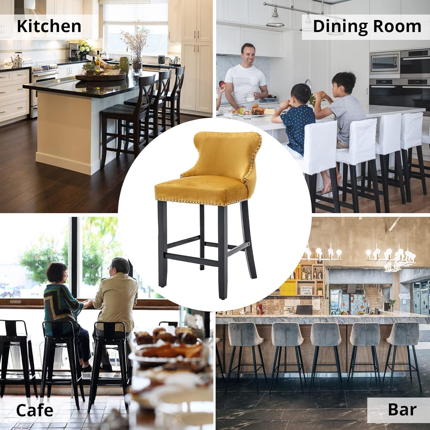 Velvet Wing-Back Bar Stools Set of 2, Button Tufted with Nailhead Trim & Solid Wood Legs, Counter Height Bar Chairs for Kitchen Island Dining Room Pub，Gold