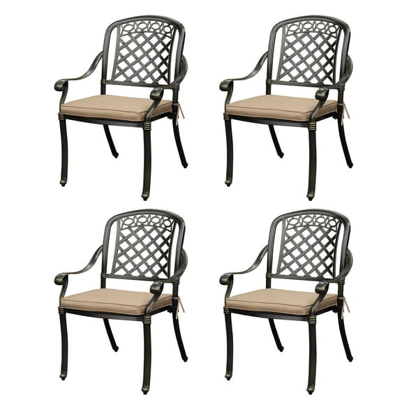 4-PCS Cast Aluminum Patio Dining Chairs, All Weather Patio Bistro Dining Chairs Set of 2 with Armrests & Cushion, Stackable Patio Dining Chairs for Garden, Balcony, Deck, Bronze (With Cushion)