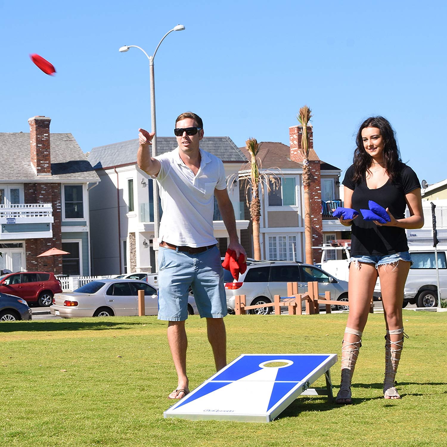 GoSports CornHole PRO Regulation Size Bean Bag Toss Game Set, Superior Aluminum Frame, Red and Blue Design